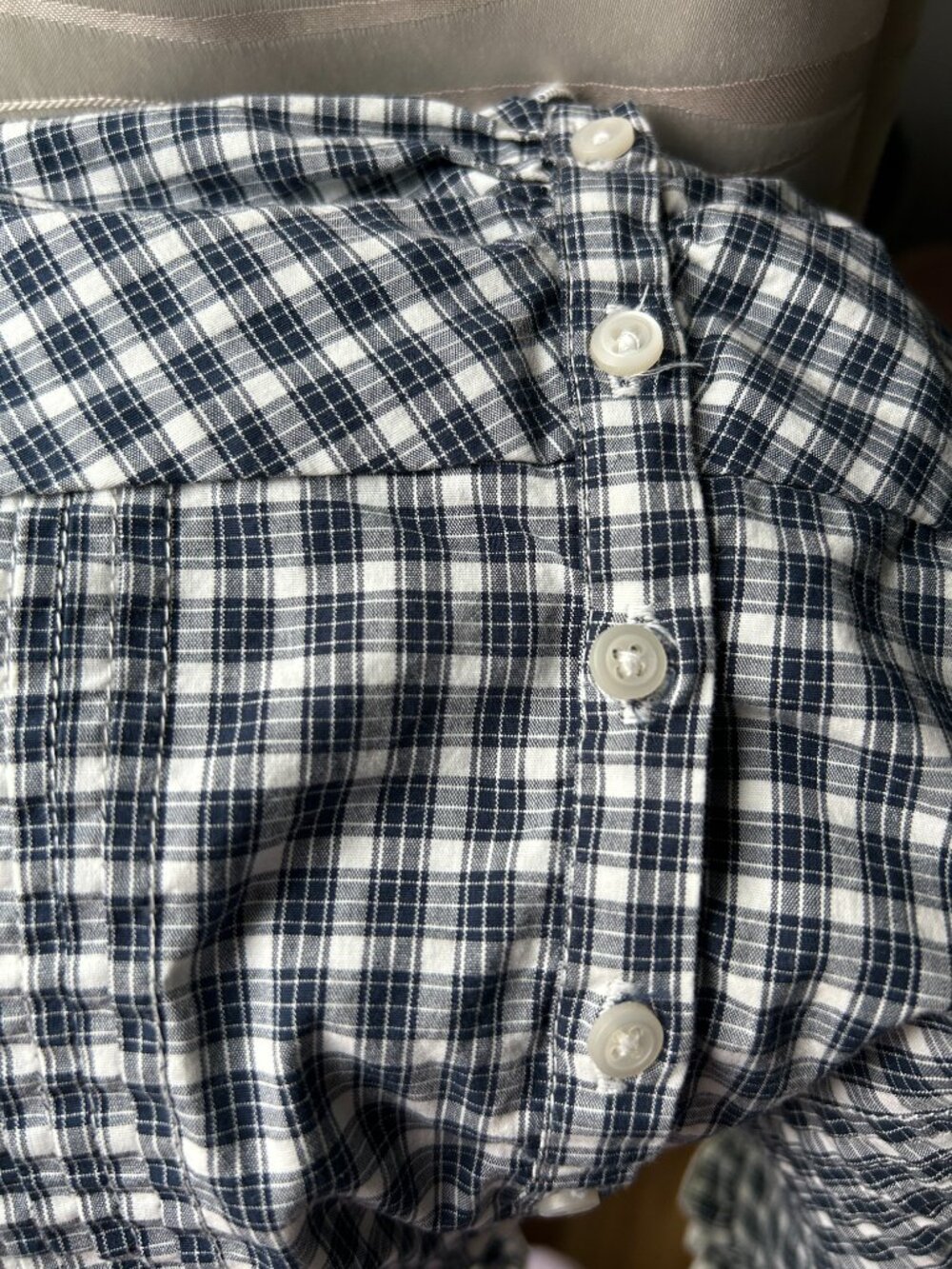 Brandy Melville Dark Blue Gingham Top Women's Ruffled Sleeves Neckline Button-Up - Picture 7 of 11